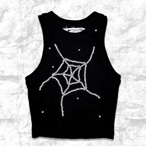 Grunge Black cropped Tank Top with Silver Web Design Rhinestones